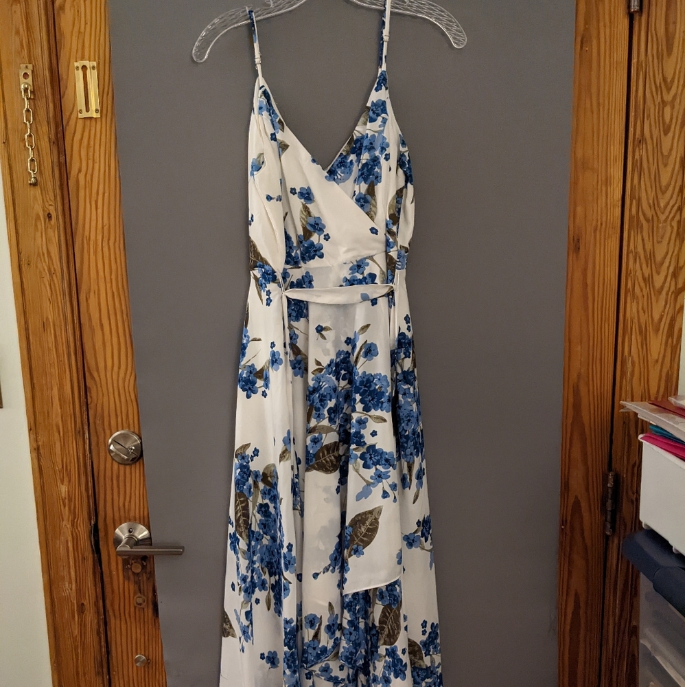 White and blue floral print high-low dress